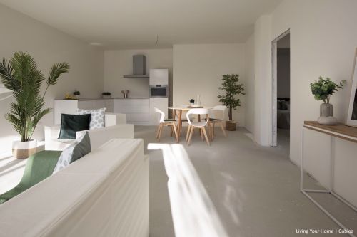 Armario alto para cocina de cartón sin tiradores con encimera de madera para Home Staging